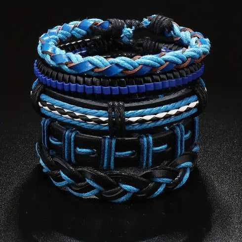 5 Pcs Men's PU Leather Hand Woven Multi-Layer Braided Blue Wristband Bracelets